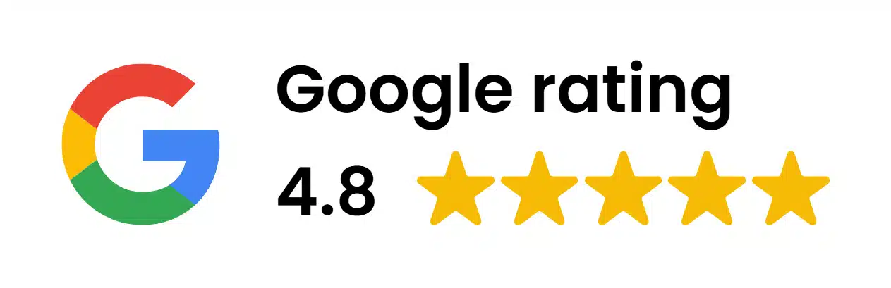 Google review badge, 4.8 average
